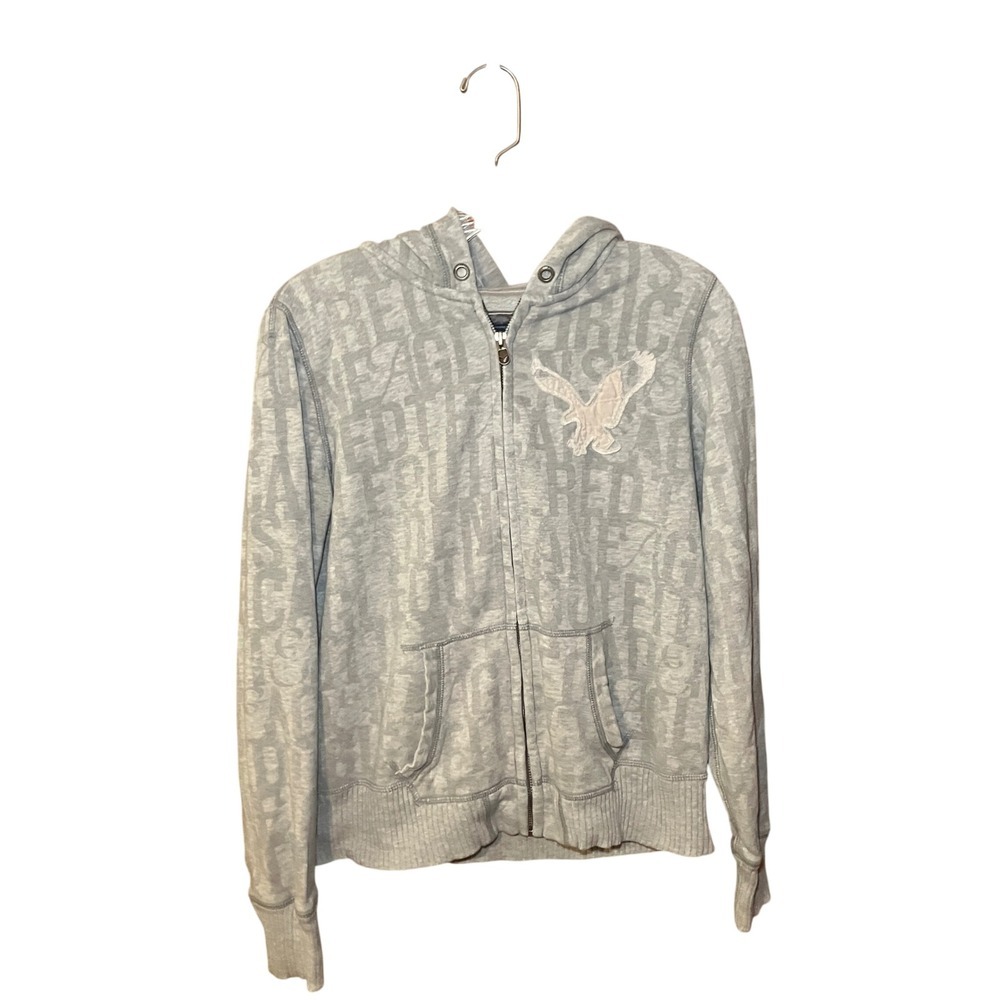 American Eagle Zip Up Hoodie Women Size L Gray Logo Print Applique Eagle Y2K